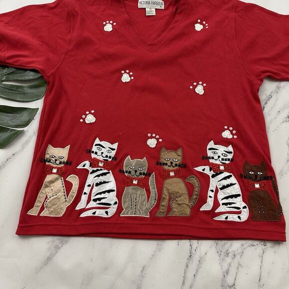 Victoria Harbour Womens Vintage 90s Cat Shirt Size L Red Embroidered Beaded - Picture 5 of 11